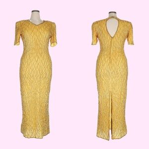 Vintage Mark & John 1980 Silk Gold Beaded & Sequined Wiggle Dress Size XL